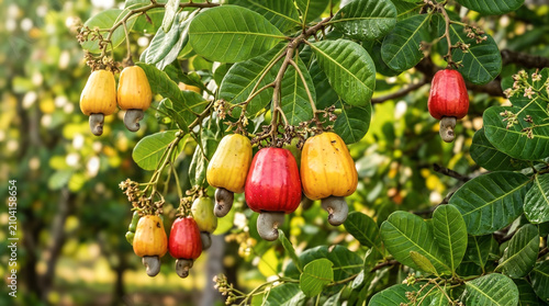 Three Ripe Cashew Apples Yellow and Red Color Hanging on Tree Branch in Plantation