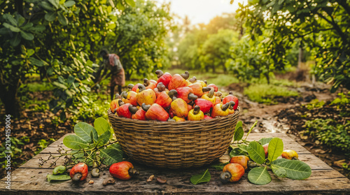 Fresh Harvested Cashew Apples in Wicker Basket on Wooden Table in Orchard Plantation