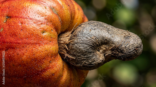 Macro Close Up Texture of Ripe Red Cashew Apple Skin and Raw Nut Attached