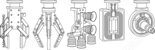 Photos Industrial robotic arm end effectors and grippers collection in black and white