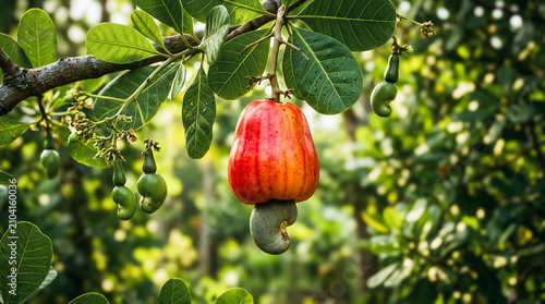 Single Ripe Red Cashew Apple and Raw Nut Hanging on Tree Branch in Plantation