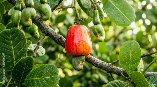 Single Ripe Red Cashew Apple and Raw Nut Hanging on Tree Branch in Plantation
