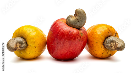 Three Ripe Cashew Apples Yellow Red and Orange Color with Raw Nuts Isolated on White Background