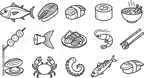 Bild auf Leinwand Japanese Sushi and Seafood Restaurant Line Icon Set with Salmon Tuna Roll Crab S