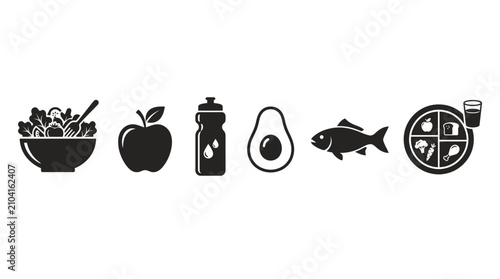 Fotografía Set of healthy diet and nutrition icons on a white background.