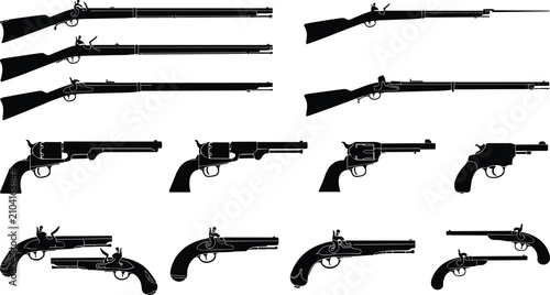 Fotografie Professional Historical Firearm Silhouette Collection Featuring Muskets Revolver