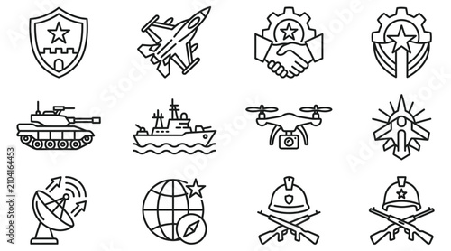Photos Military Icons Set Line Art Style On White Background