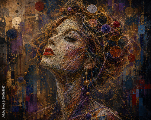 abstract female portrait with geometric thread art and textured background