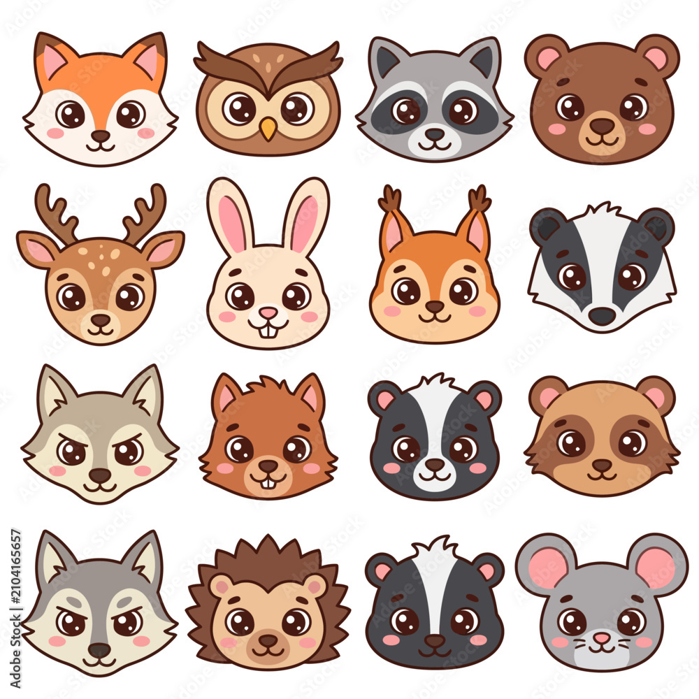 Fototapeta premium Cartoon animal faces for kids.