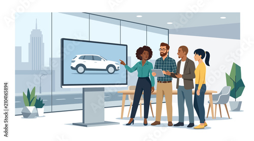 Business people discussing car design.
