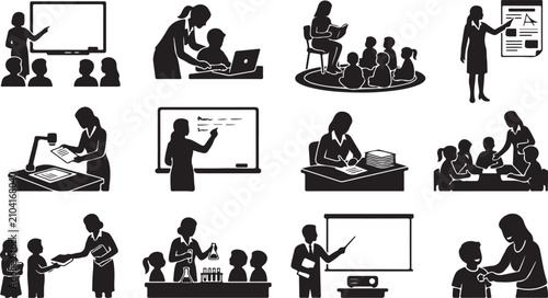 Foto Collection of black silhouettes depicting teachers and students in classrooms, u