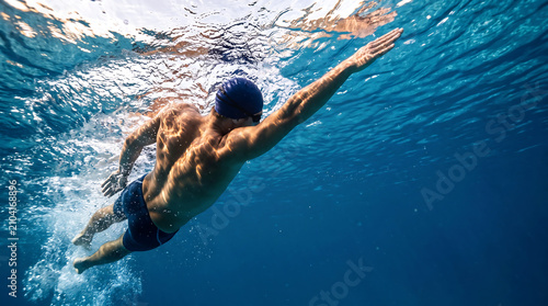 Aquatic sport wide banner, powerful athletic silhouette below water surface, rippling light, deep blue right area for copy, no face