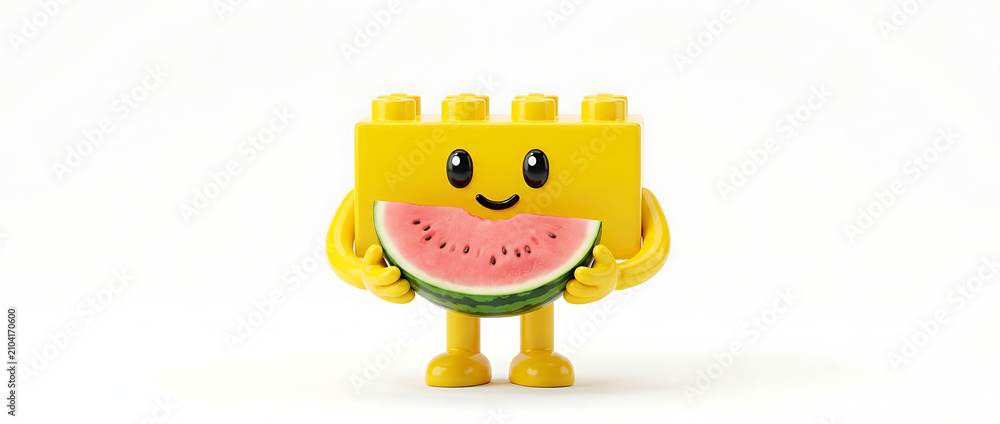 Fototapeta premium Playful LEGO Character Holding Watermelon, Indoor Studio, Fun Concept, Bright Background