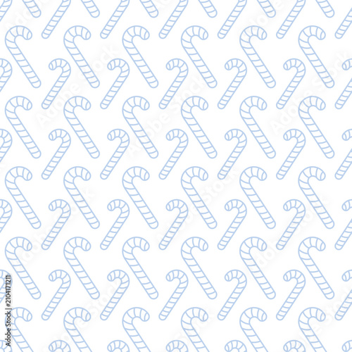 Candy cane. Sketch. Scattered striped blue lollipops. Seamless vector pattern. Endless Christmas ornament made of Christmas candies. Isolated colorless background. Doodle style. Web design idea.
