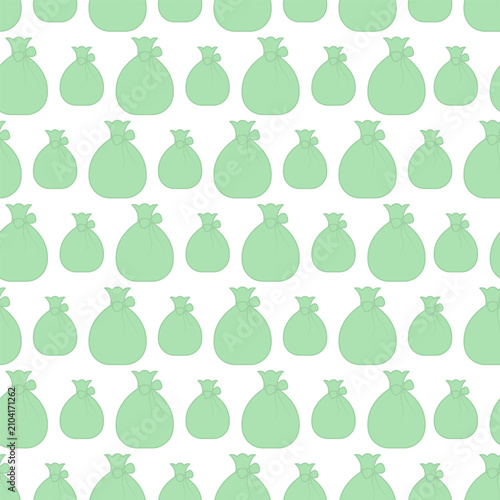 A green gift bag tied with a bow. A surprise from Santa Claus. Seamless vector pattern. Repeating Christmas ornament of presents. Isolated transparent background. 