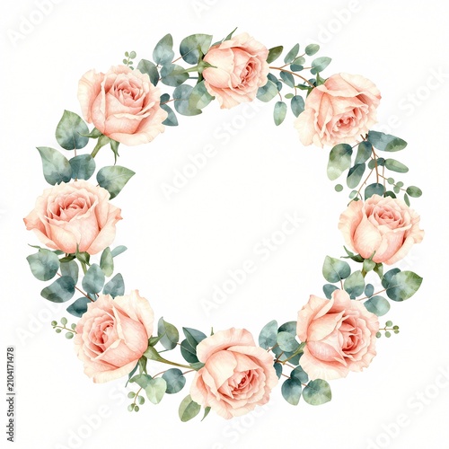 Blush rose and eucalyptus wedding wreath illustration, elegant floral wreath illustration for wedding invitations isolated on white