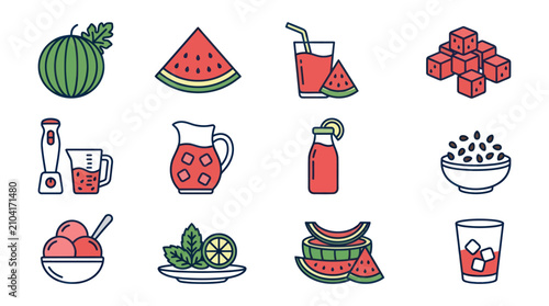 Fényképezés Watermelon Fruit and Juice Illustrations.