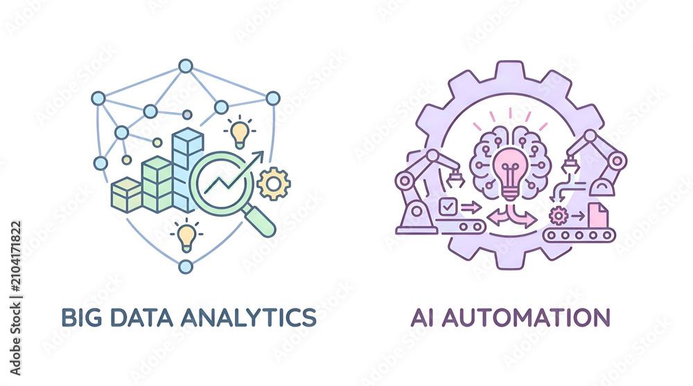 Fototapeta premium Big Data Analytics and Artificial Intelligence Automation Icon Set