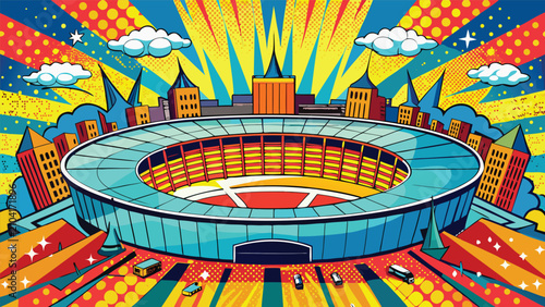 Comic book style round sports stadium illustration with pop art football circular illustration halftone sunburst architecture colorful artistic creative stadiums building downtown