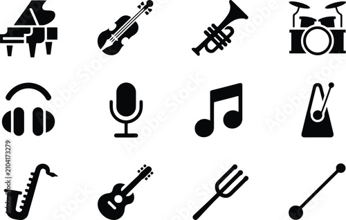 Music vector icons set featuring instruments and sound symbols