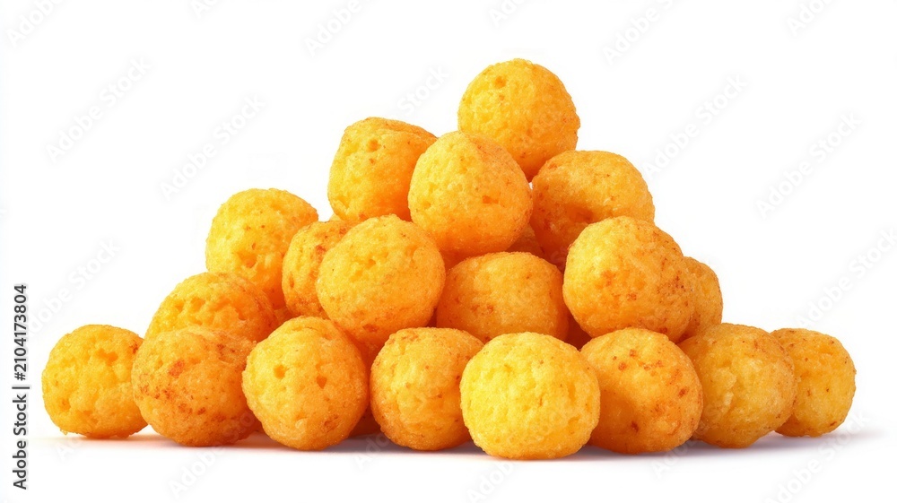 Obraz premium Pile of crunchy corn puffs on white background. AI generated