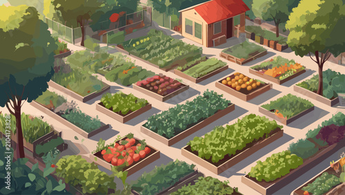 Foto A vibrant aerial view of a well-organized community garden with raised beds filled with various vegetables and plants, featuring a small shed and lush trees