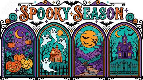 Spooky halloween vector illustration gothic stained glass with pumpkins ghosts haunted house for fall designs