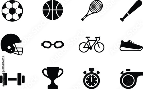 Sports Icons Set Featuring Equipment and Athletic Gear Elements