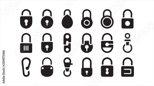Black Padlock Security Symbol Set with Privacy Authentication and Protection Icons Isolated on White Background