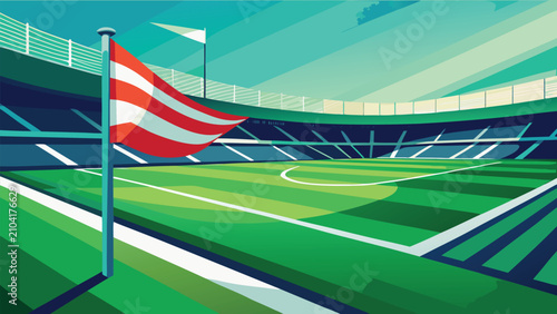 Tableau sur toile Soccer football stadium corner view with striped flag and green playing field fo