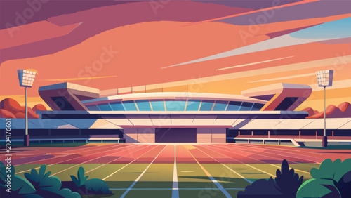 Foto Modern stadium arena exterior under sunset sky perspective view from the field l