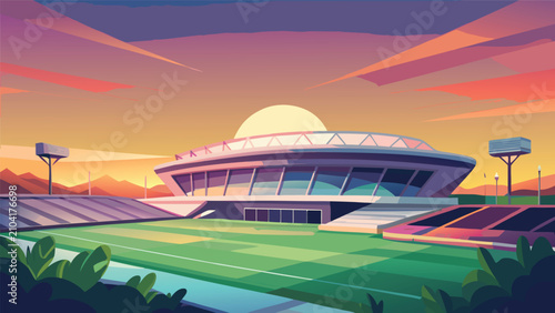 Foto Large outdoor sports stadium at sunset with round structure and lush green field