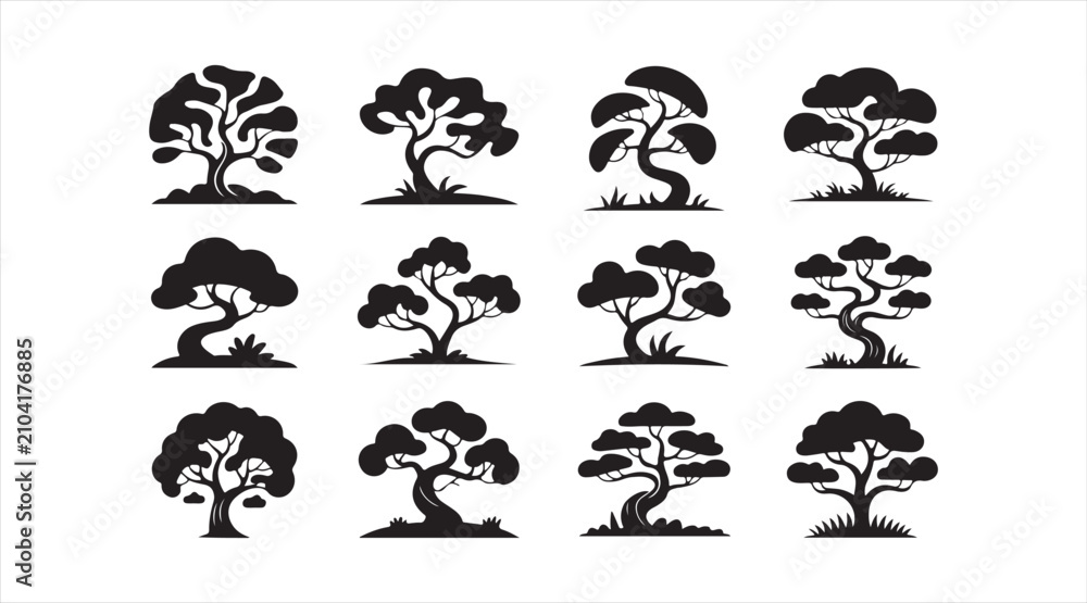Obraz premium Minimal Tree Icon Collection Featuring Natural Forest and Botanical Silhouettes in Modern Flat Vector Style