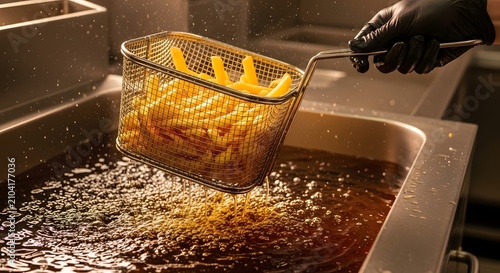 Hand lifting fryer basket with french fries