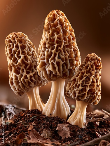 Morel Mushrooms Growing Naturally in Forest