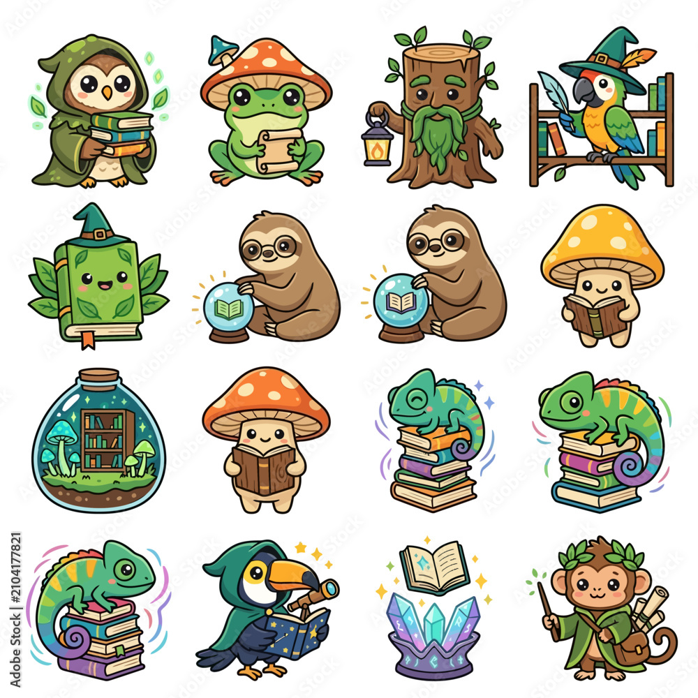 Naklejka premium Sloths Frogs Toucans Reading Books.