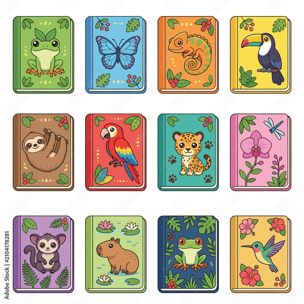 Naklejka premium Colorful jungle animal icons set.