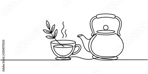 Tableau sur toile Herbal Tea Cup and Kettle Continuous One Line Drawing, Steam Leaf Minimal Kitche