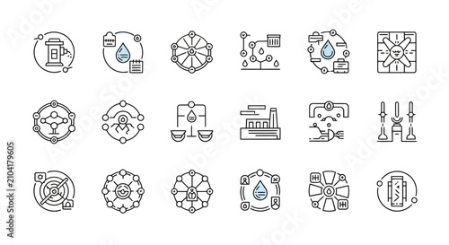 Konstfotografi Water treatment process linear icons set, smart water management and sustainable resource usage