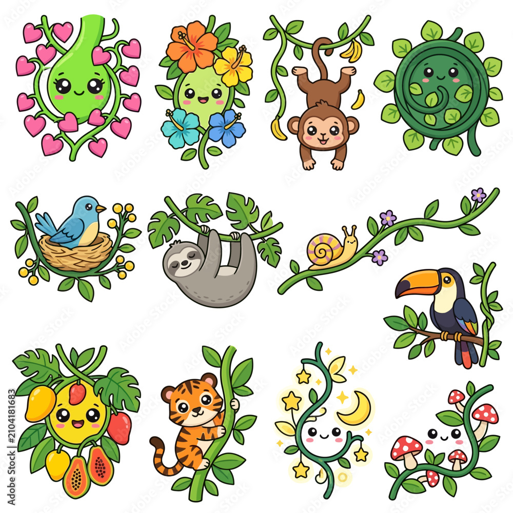 Fototapeta premium Cartoon jungle animal icons set.