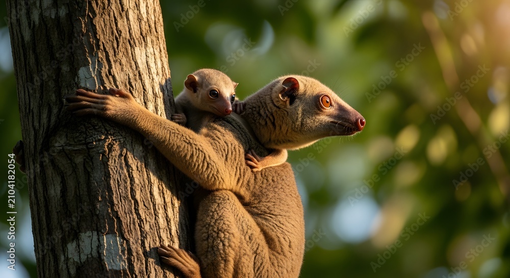 Fototapeta premium Lemur climbing tree trunk with baby on back