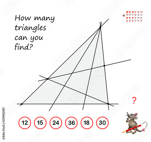 How many triangles can you find in the drawing? Game Seek and Find. Geometric logic puzzle for smartest. Develop spatial thinking. Page for brain teaser book. Hand drawn vector illustration. IQ test