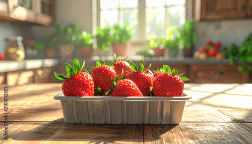 Fresh Organic Strawberries in Plastic Tray on Wooden Table with Sunlit Kitchen Background