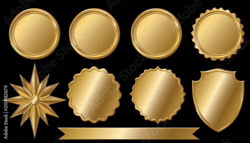 Premium golden round medals and star burst badges on black background プレミアムな金色の丸型メダルとスターバーストバッジのセット黒背景イラスト素材