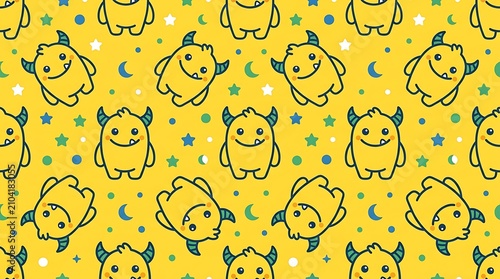 Seamless pattern with cute cartoon monsters on yellow background
