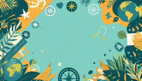 Tableau sur toile A vibrant and whimsical illustration featuring a collage of travel and adventure-themed elements on a teal background