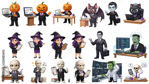Halloween Corporate Character Collection Vector Set with Pumpkin Executive, Witch Manager, Vampire CEO, Zombie Programmer, Mummy Employee, Skeleton Accountant and Cute Office Mascots