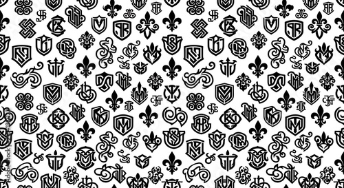 Seamless pattern of black heraldic symbols and crests on white