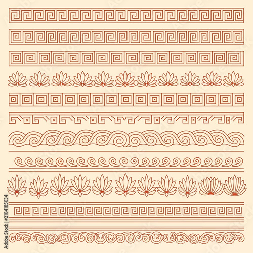 decorative borders seamless patterns greek key lotus flower and ornamental design elements featuring classic waves and ethnic motifs.