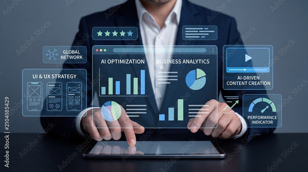 Fototapeta premium Businessman using tablet with holographic AI optimization, business analytics charts, UI UX strategy, global network interface and performance indicators for corporate management.